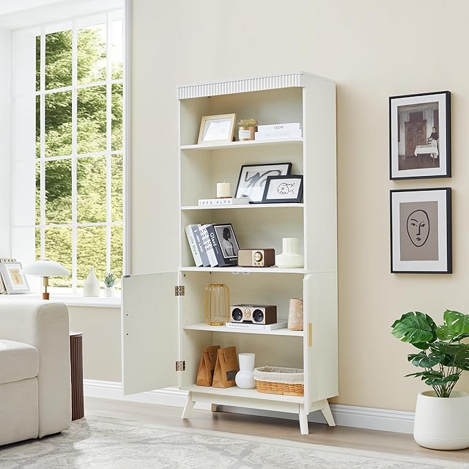 68" Fluted Tall Bookcase with Storage Cabinet,Mid-Century Modern 5-Tiers Arched Bookshelf Cabinet with Doors,Arched Bookcase with Open Display Storage Shelf for Home Office Bedroom Living Room, Beige