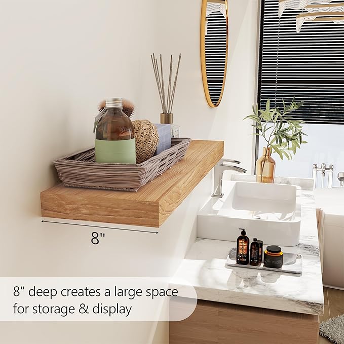 8 Inch Deep Floating Shelves, USA-Sourced Rustic Elm Wood Wall Shelves for Storage, Wall Mounted Display Shelving with Invisible Heavy-Duty Metal Bracket (Natural, 24" W x 8" D, Set of 2)
