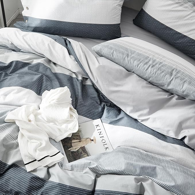 mixinni Geometric Striped Duvet Cover Set - 100% Natural Cotton, Grey & White Stripes, Twin Size, 3-Piece Bedding Set with Zipper Closure