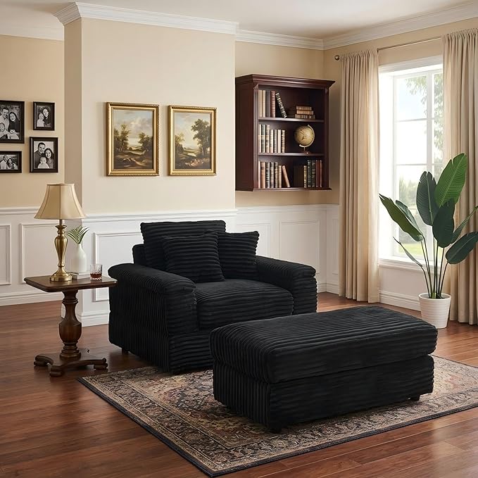 Eafurn 43.3" Oversized Accent Chaise Lounge Chair with Ottoman, Modern Corduroy Upholstered Convertible Recliner Armchair Sleeper Lounge Chair with Wood Frame for Living Room Apartment