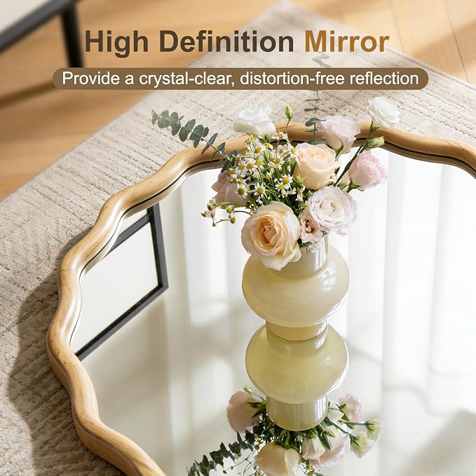 AMOISE Scalloped Round Mirror 28", Boho Wavy Wooden Frame Wall Mirror, Shatterproof Circle Accent Mirror for Bathroom, Bedroom, Entryway and Living Room