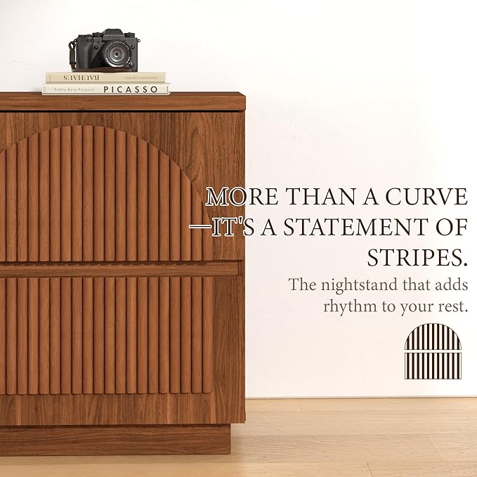 Nightstand with Drawers Set, 2-Drawer Arched Fluted Nightstand with Charging Station, Wooden Night Stand with Storage,Modern Furniture for Bedroom Organization,Walnut