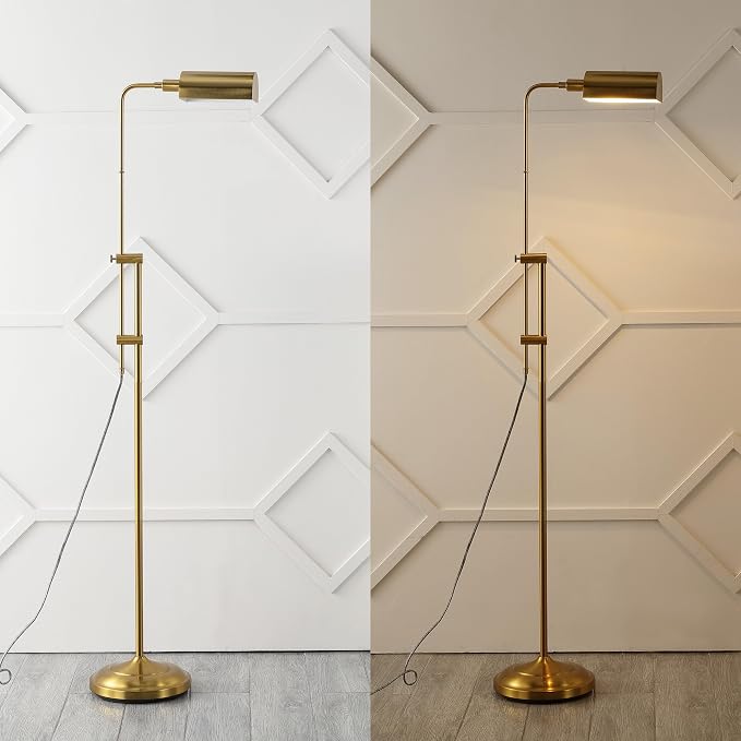 JONATHAN Y 63"-63" Brass Gold Industrial Iron Pharmacy LED Floor Lamp, Height-Adjustable Minimalist Standing Task Lamp for Living Room, Office, UL Listed, LED Bulb Included JYL3095A