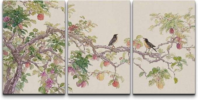 wall26 Canvas Print Wall Art Set Watercolor Fruit Tree Branch with Birds Botanical Decorative Minimal Relax/Zen for Living Room, Bedroom, Office - 24"x36" x 3