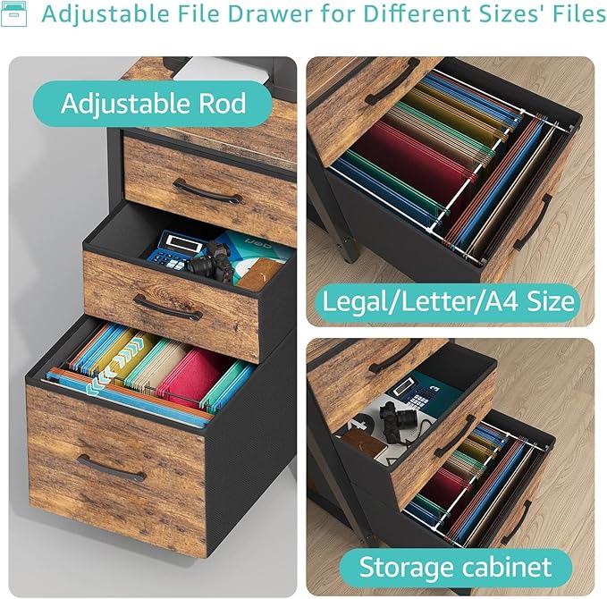 Lufeiya Computer Desk with File Drawers Cabinet, 47 Inch Reversible Home Office Desks with Fabric Filing Cabinet for Small Space, Study Writing Table PC Desks, Rustic Brown