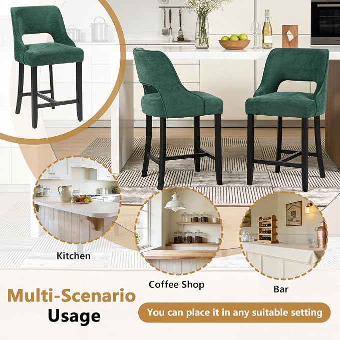 ClinQ Bar Stools Set of 1, 26" H Counter Height Bar Stools with Backs, Modern Upholstered Accent Barstools with H-Shaped Footrest for Kitchen Island, Dining Room and Bar, Green-Black Legs