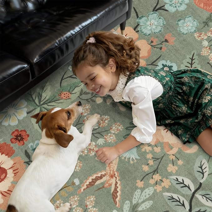 DCX Vintage Floral Rug 8x10, Washable Sage Green Rug for Living Room, Kid & Pet Friendly with Rubber Back Non Slip, Soft Low Pile Carpet, Stain Resistant Rug for Bedroom, Nursery, Dining Room