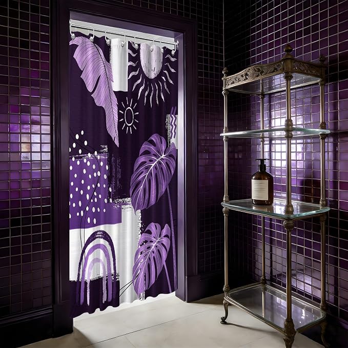 Small Stall Narrow Dark Purple Shower Curtain Lavender Stand Up Abstract Bohemian Leaf Shower Curtains for Rv Camper Bathroom Decor Sets, Waterproof Cloth Fabric with Hooks, 36 x 72 Inch