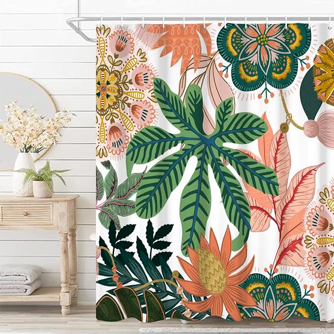 Boho Floral Bathroom Shower Curtain - Tropical Green Leaves, Pink Flowers - Waterproof Polyester Fabric - Mid Century Modern Home Decorative, 72x84 Inch
