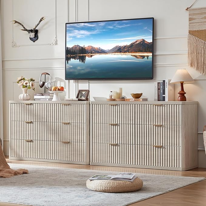 LEYAOYAO Fluted 6 Drawers Dresser Set of 2, 48" Wide Modern Chest of Drawers with Metal Handle, Light Grey Curved Profile Dresser TV Stand, Wooden Drawer Organizer for Bedroom, Living Room, Hallway