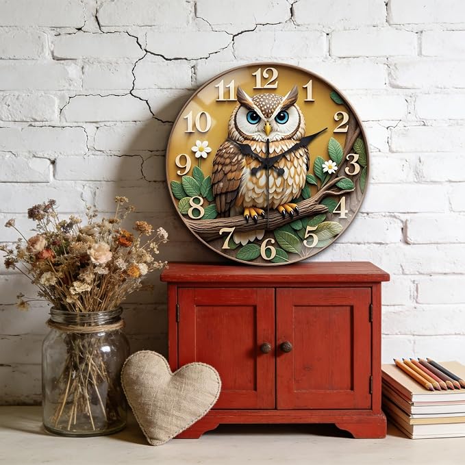 peacoblue Wall Clocks Battery Operated 12 Inch Owl Glass Round Wall Clock Non Ticking for Kitchen Living Room Dining Room Bedroom and Bathroom Decor Accessories (Battery not Included)