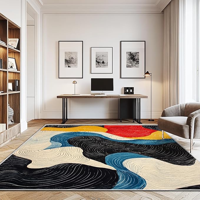 8x10 Colorful Area Rug Modern Abstract Black White Blue Beige Red Yellow Bedroom Rug Soft Low Pile Thin Large Carpet Living Room Non Slip Dining Room Stain Resistant Office Washable Machine