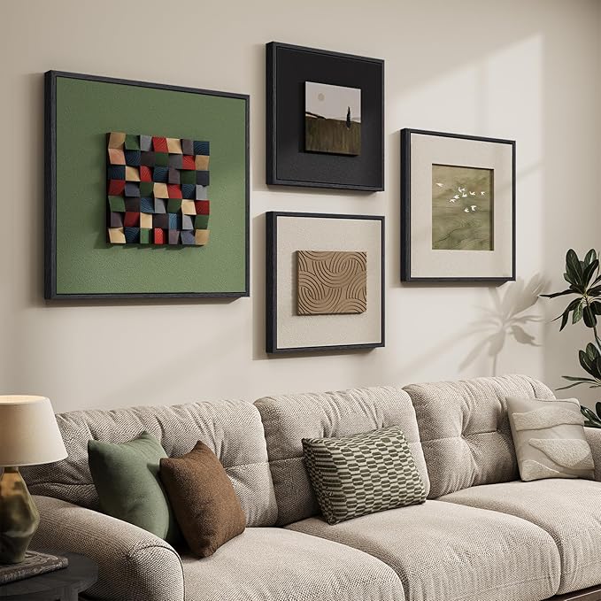 Framed 3D Wood Abstract Wall Art for Living Room, Large 4 Piece Sage Green Textured Landscape Artwork for Walls, Modern Minimalist Colorful Wooden Wall Decor for Dining Room,Hallway, Office Aesthetic