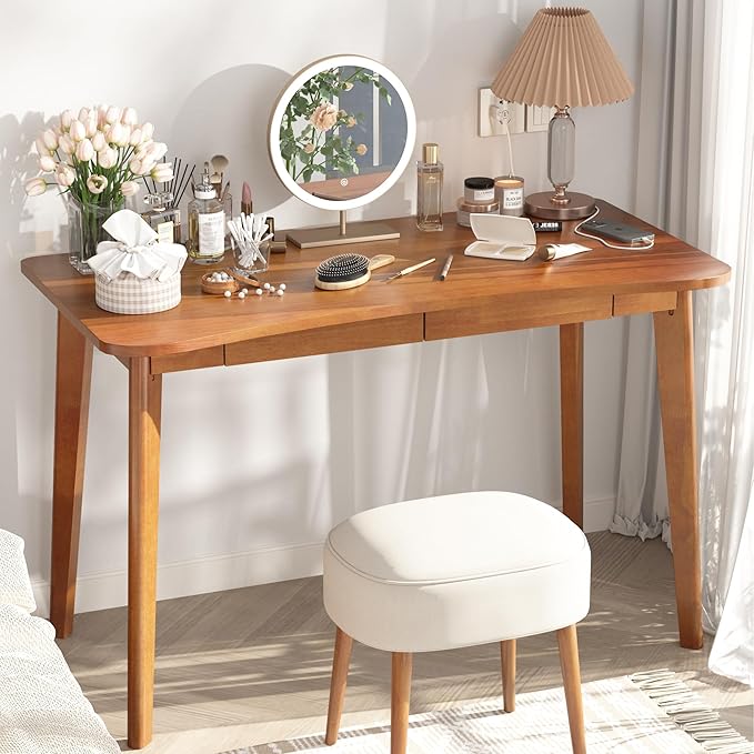 100% Solid Wood Desk with Drawers - 48 x 24 Inch Home Office Computer Desks, Modern Writing Desk with Drawers, Simple Study Table Makeup Vanity - Walnut Vintage Desks
