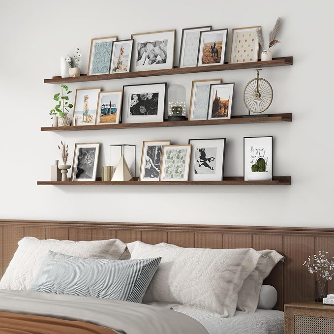 Axeman 72 Inch Floating Shelves | Walnut Picture Ledge Shelf Set of 3 | Rustic Wood Wall Shelves with Lip | 72" Walnut Picture Shelf for Wall with Ledge | Photo Shelves