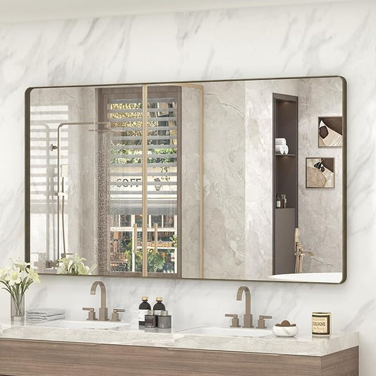 60x36 Bronze Bathroom Vanity Mirror for Wall, Large Bronze Frame Mirror with Brushed Metal Frame, Rounded Rectangle Mirror, Shatterproof, Anti-Rust (Horizontal/Vertical)