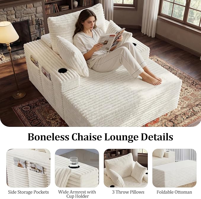 85" Oversized Chaise Lounge Chair Convertible 2-in-1 Boneless Sleeper Couch Bed Indoor Comfy Cloud Corduroy Reading Armchair sofa with Storage Pockets&Cup Holders for Bedroom,Living Room,Beige