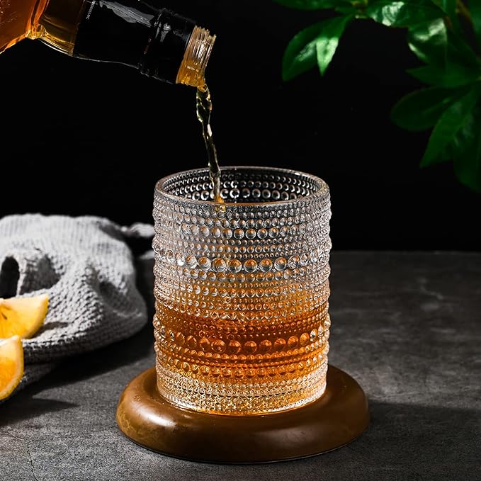 Vintage Glassware Drinking Glasses Set of 12,Clear 12oz & 15oz Hobnail Glass Cups,Embossed Water Tumbler,for Beer,Cocktail,Whiskey,Juice and Various Mixed Drinks- 1 Cleaning Brush