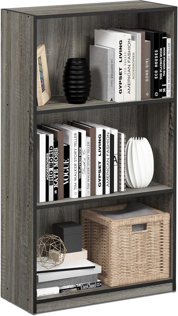 Furinno BASIC Book Shelf, 3-Tier Modern Bookshelf, Bookcase with Open Shelves, 9.3 x 21.8 x 39.5, for Living Room, Bedroom, Home Office, French Oak/Black