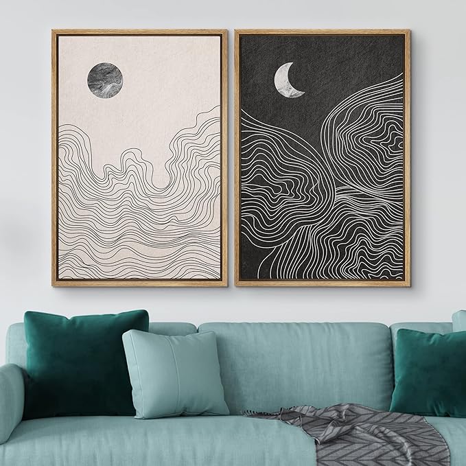 IDEA4WALL Framed Canvas Print Wall Art Set Watercolor Pastel Duotone Sun Moon Abstract Nature Illustrations Modern Art Chic Landscape Neon for Living Room, Bedroom, Office - 24"x36"x2 Natural