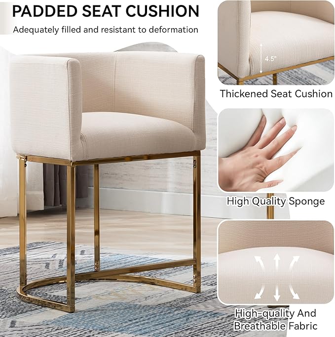 Linen Bar Stools Set of 2, 24" Contemporary Upholstered Fabric Counter Height Bar Stools Kitchen Counter Island Stools Barstools with Golden Metal Base, Cream
