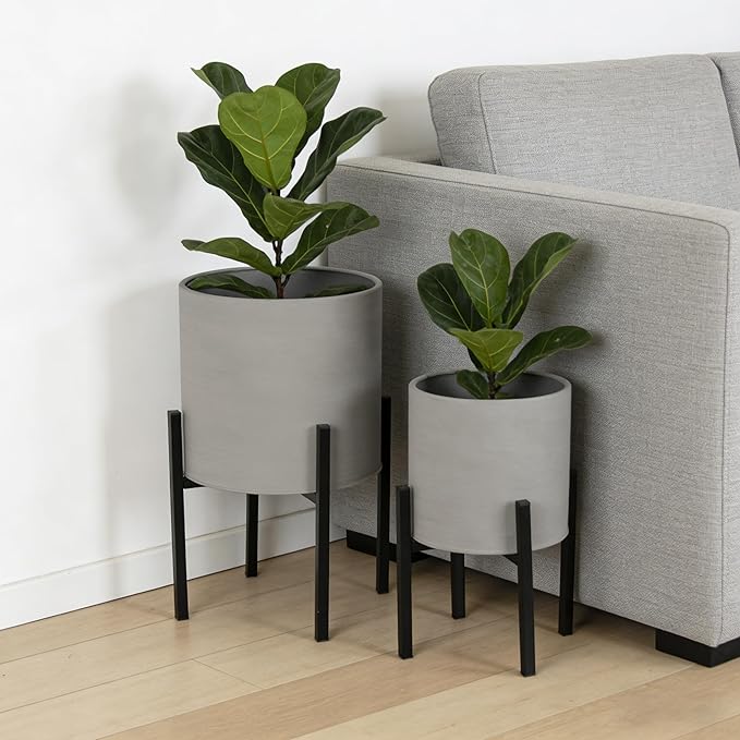ARNIS Modern Plant Pots, Set of 2 Large Planters with Stand, Decorative Planters, Metal Pots with Drainage Holes for Living Room, Office, Garden or Balcony, 8.25 &10.5 Inch, Grey