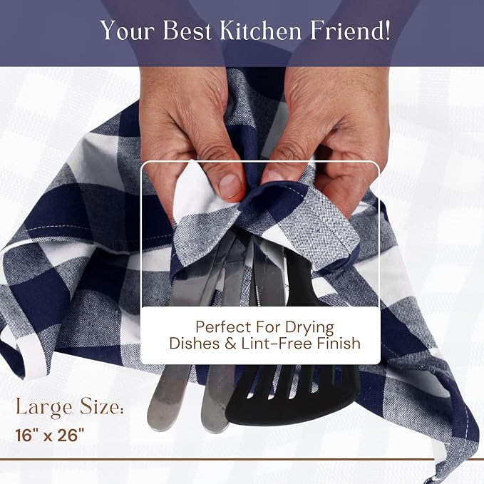 Navy Buffalo Plaid Kitchen Dish Towels, 12 Pack, 100% Cotton, 16x26 Inches, Super Absorbent, Quick Dry, Soft, Durable, Dish Drying & Cleaning Towels with Hanging Loop, Navy Blue White
