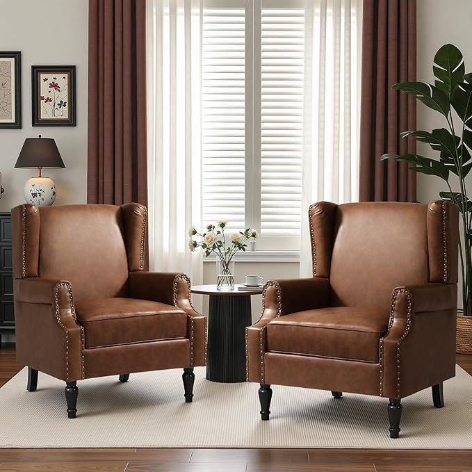 Faux Leather Wingback Chairs Set of 2, High Back Accent Chair, Comfy Upholstered Armchair with Nailhead Trim for Living Room, Single Sofa Reading Chair for Small Spaces, Bedroom-P Brown