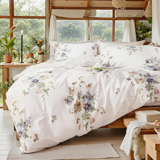 100% Cotton Duvet Cover King Size Vintage Floral Duvet Cover Set with Zipper Closure & Corner Ties 3 Pieces Botanical Bedding Sets Soft and Lightweight Comforter Cover for All Seasons