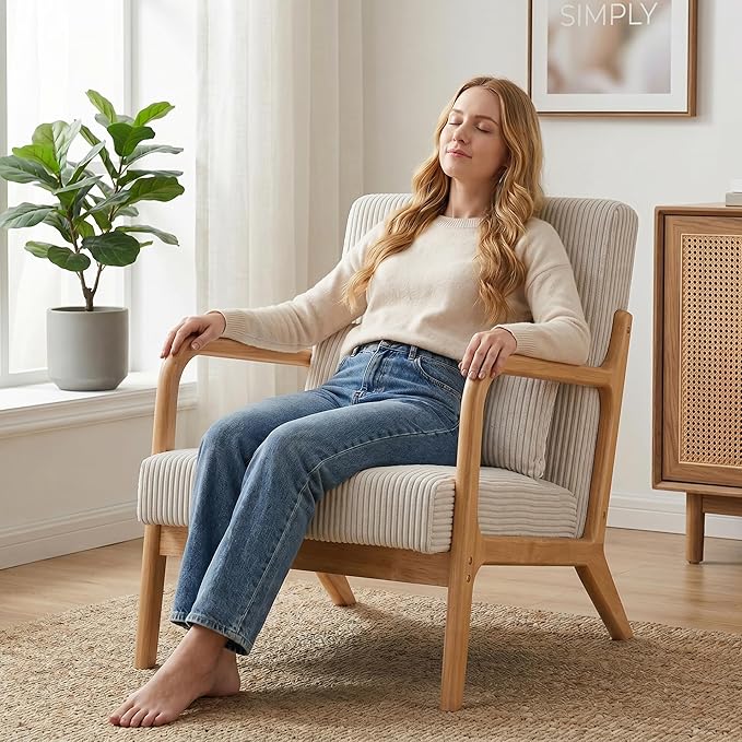 Mid Century Modern Accent Chair, Upholstered Corduroy Armchair with Lumbar Pillow, Solid Rubberwood Frame for Living Room, Bedroom, Waiting Room, Beige