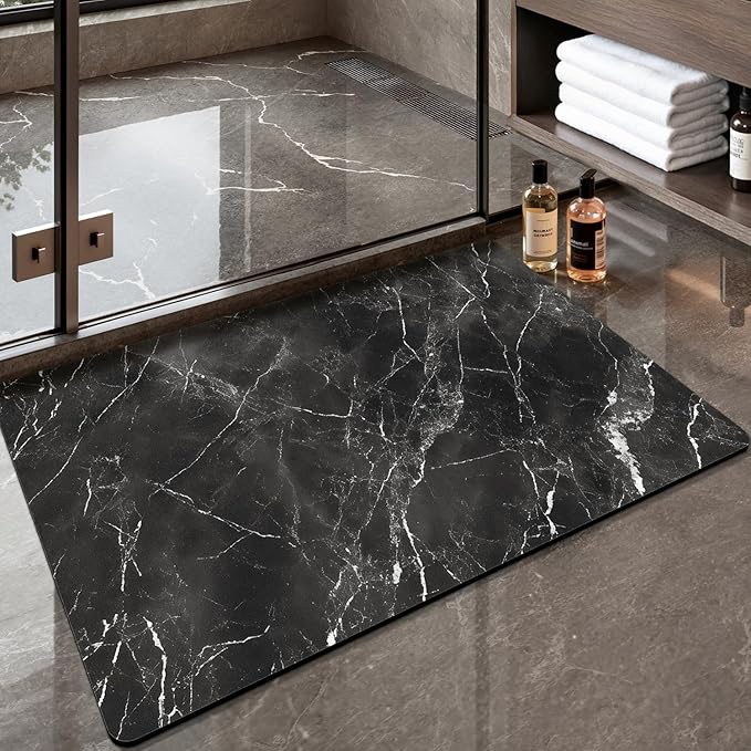 Color&Geometry Ultra Thin Bath Mat, Non Slip Quick Dry Rugs, Absorbent Marble Bathmat, 24"x36",Washable Rubber Mats for Shower Floor, in Front of Bathtub, Bathroom Decor, Black Marble-Patterned
