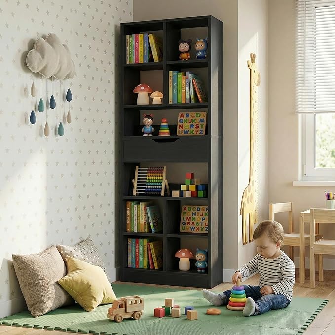 Armocity 8-Tier Tall Bookshelf with Drawer, 73.6" Narrow Freestanding Bookcase, Space-Saving Wood Display Shelves Storage for Living Room, Home Office Bedroom, Black