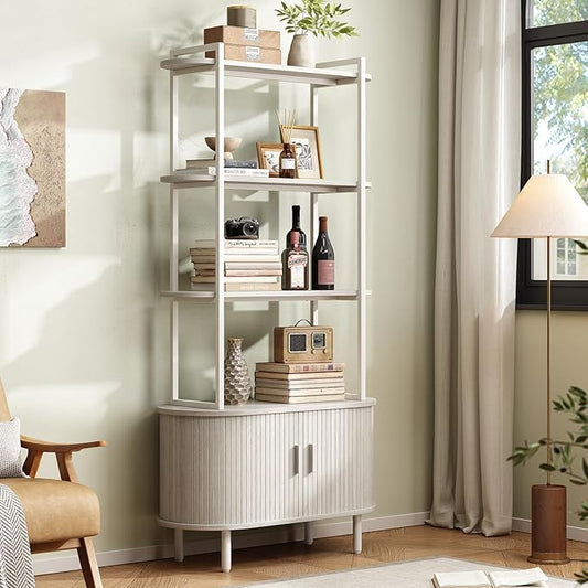 ONBRILL 71" Tall Bookshelf, 4-Tier Book Shelf with Storage Cabinet, Modern Bookcase with Sliding Door and Adjustable Footpad, Freestanding Storage Organizer Bookshelf for Living Room, Natural White