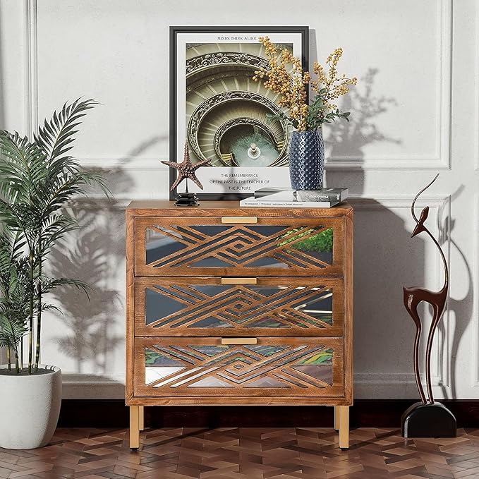 COZAYH 3-Drawer Accent Dresser, Geometric Mirror Front Drawer Organizer Chest with Metal Handles & Legs - Modern Living Room, Entryway, or Bedroom Furniture