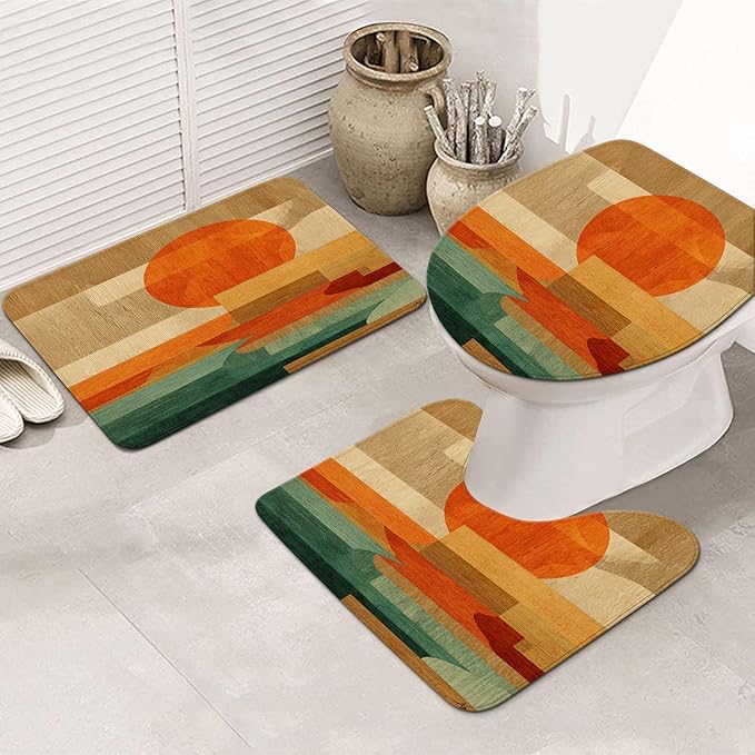 4 Pcs Geometric Wood Sunset Bathroom Set: Shower Curtain, Bath Mat, Toilet Lid Cover & Rug - Abstract Landscape Print with Hooks for Mid-Century Modern Ambiance