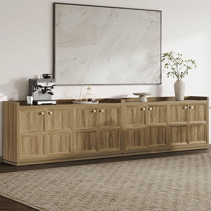 SICOTAS 4-Door Buffet Cabinet -Extra Long Sideboard with Storage & Adjustable Shelves, Modern Credenza Accent Coffee Bar Console Table for Living Room, Kitchen, Entryway, Hallway, Brown Oak, 2 PCS