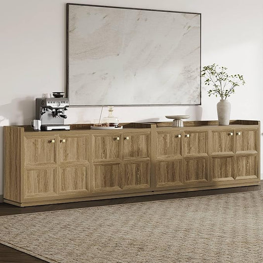 SICOTAS 4-Door Buffet Cabinet -Extra Long Sideboard with Storage & Adjustable Shelves, Modern Credenza Accent Coffee Bar Console Table for Living Room, Kitchen, Entryway, Hallway, Brown Oak, 2 PCS