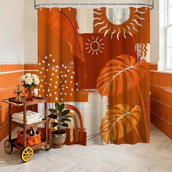 Small Stall Narrow Shower Curtain Burnt Orange Stand Up Mid Century Modern Leaf Shower Curtains for Rv Camper Bathroom Decor Sets, Waterproof Cloth Fabric with Hooks, 36 x 72 Inch