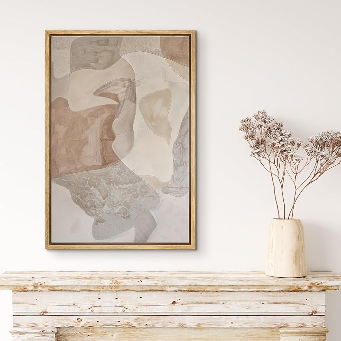 MUDECOR Framed Canvas Print Wall Art Soft Neutral Organic Shapes Abstract Illustrations Fine Art Mid-Century Modern Multicolor for Living Room, Bedroom, Office - 24"x36" NATURAL