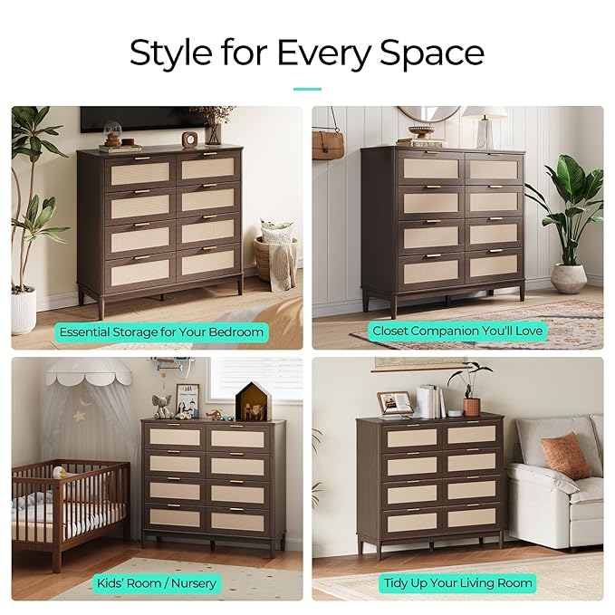 LINSY HOME Rattan Dresser with 8 Deep Drawers, 54" Wide Long Chest of Drawers, Mid Century Modern Tall Dresser, Large Wood Boho Storage Cabinet for Bedroom with Metal Handle and Durable Legs, Walnut
