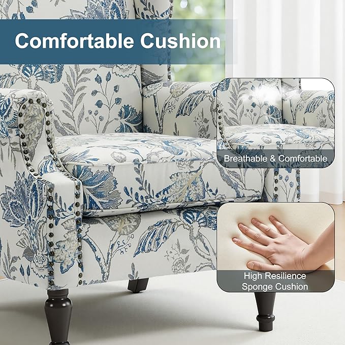 Wingback Chairs Set of 2, High Back Floral Accent Chair in Fabric, Comfy Upholstered Armchair with Nailhead Trim for Living Room, Single Sofa Reading Chair for Small Spaces, Bedroom-Plants Blue