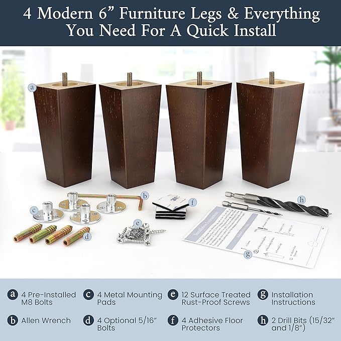 Premium Walnut Square Furniture Legs (Full Install Kit) - Pick Your Size and Color