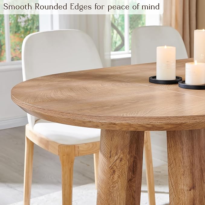 OKD 63" Dining Table for 6-8, Oval Dining Room Table with Triangular Structure Pedestal Stable Base, Curved Table Edge, Circle Kitchen Tables for Dining Room, Kitchen, Light Tree Knot