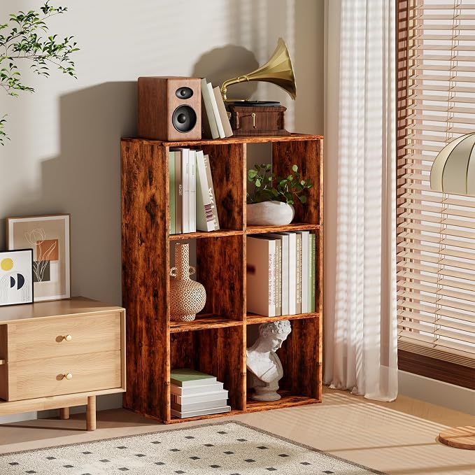 6 Cube Storage Organizer, Open Bookshelf Storage Cubes Shelf with Back Panel, Wooden Display Shelf Bookcase Standing Shelves for Living Room, Bedroom, Home Office (Vintage Brown, 6-Cube)