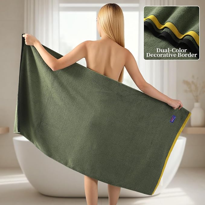 REDKISS 2 Pack Cotton Bath Towels, Soft Absorbent 600 GSM, 27x54 Inch | Quick Dry | Reinforced Stitching | Modern Contrast Border Design | Machine Washable | Bathroom, Gym|Spa & Guest Use | Green