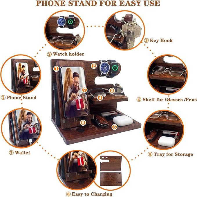 VEIYAILU Walnut Wood Phone Docking Station Nightstand Organizer for Men, Gifts for Him, Boyfriend, Dad, Husband, Brother, Son, Anniversary, Birthday, Christmas, Father's Day