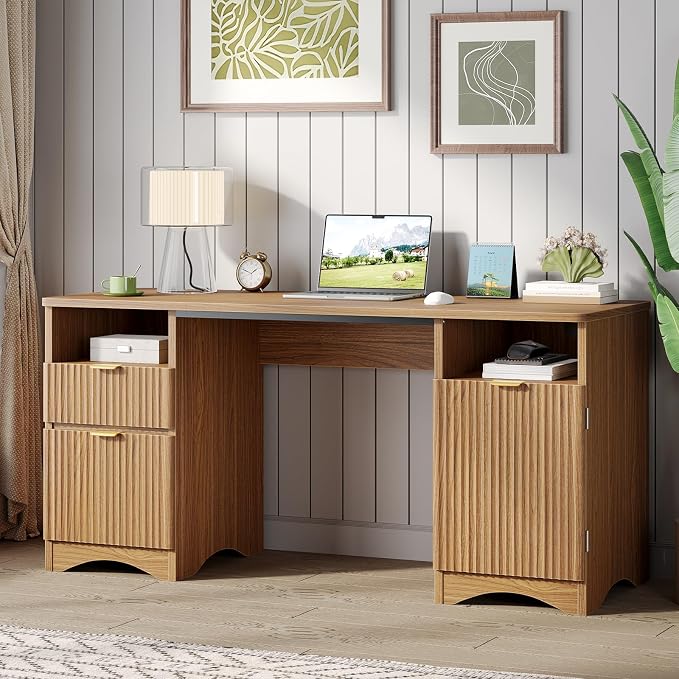Bestier 59 inch Office Desk with 2 Drawer, Computer Desk with File Cabinet & 2 Open Storage, Modern Fluted Wood Desk for Home Office Bedroom Study, Natual Oak