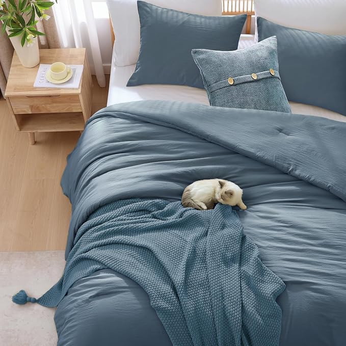 WRENSONGE Full Size Comforter Sets - 3 Pieces Oxford Blue Comforter Prewashed Soft Lightweight for All Seasons, Fluffy Down Alternative Comforter Full Size with 2 Pillow Shams