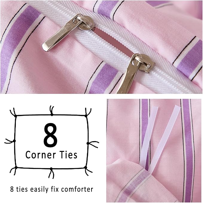 Merryword 100% Cotton Duvet Cover Set King Size - Pink & Purple Striped Bedding Set with Zipper & Corner Ties, 3-Piece Luxury & Silky Soft Bedding Set for All Seasons