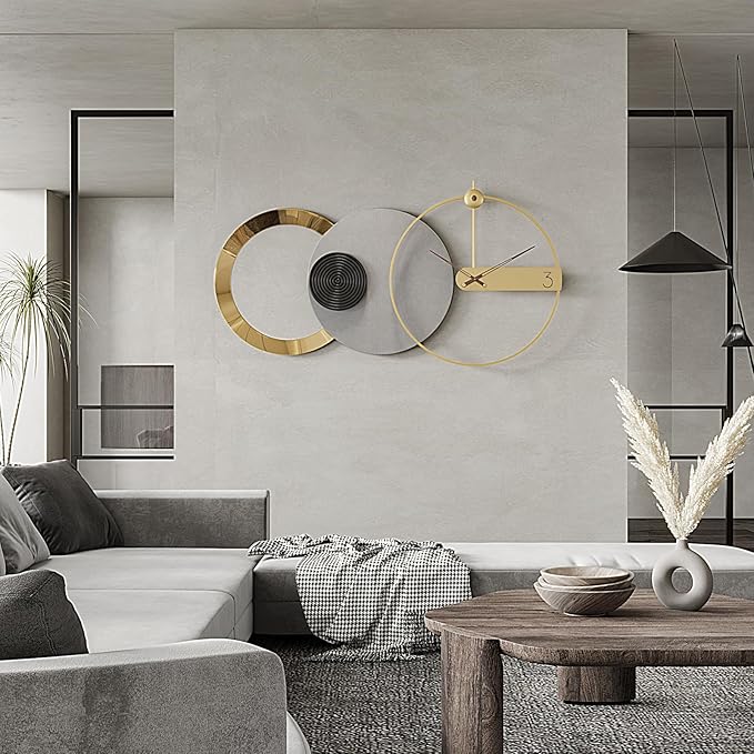 Mid Century Modern Large Silent Wall Clock Non Ticking for Living Room, 47"X25" Giant Decorative Round Black Clock for Wall, Big Unique Metal Fancy Clock Wall Decor for Bedroom Entryway